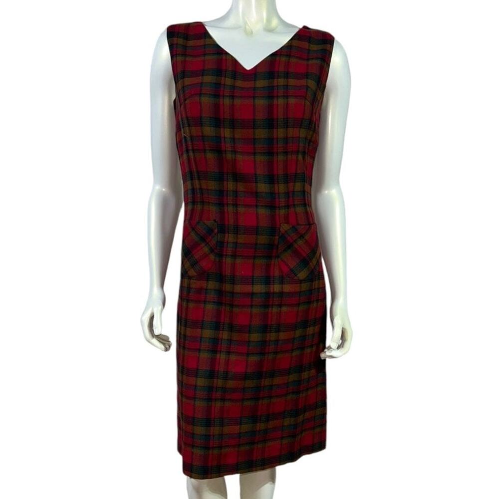 Vintage 1950s Bonnie Heather Red Green Plaid Wool Jumper Dress Size 10